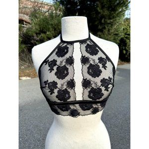 H&M Bralette 8 Black Floral Halter Mesh V-Neck Sleeveless Adjustable Sexy Womens